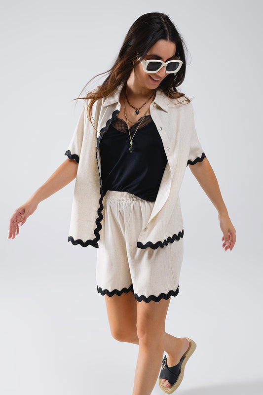 Q2 Chemise en lin à bordures festonnées contrastées beige