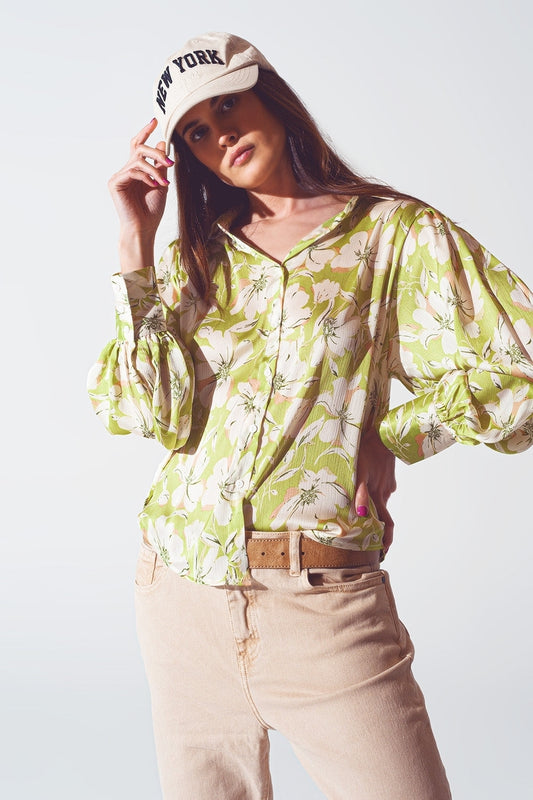 Q2 Chemise en mousseline de soie à imprimé floral verte