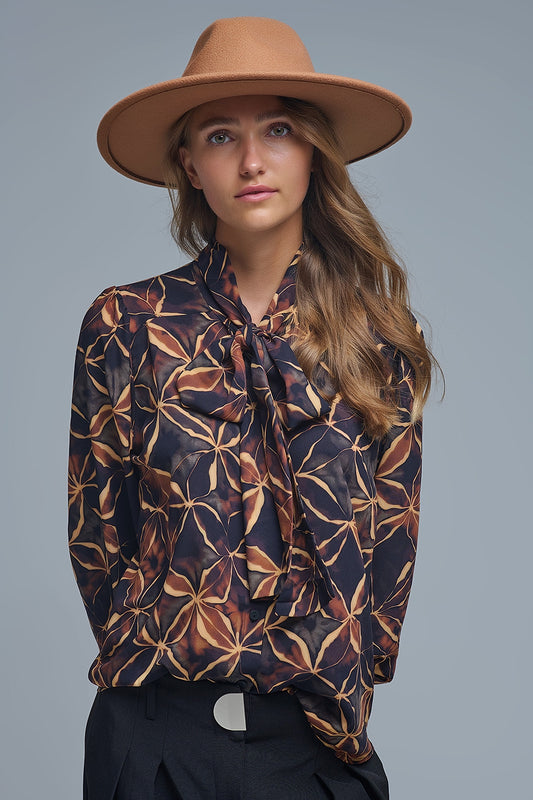 Q2 Chemise en mousseline de soie noire à imprimé abstrait et nœud papillon