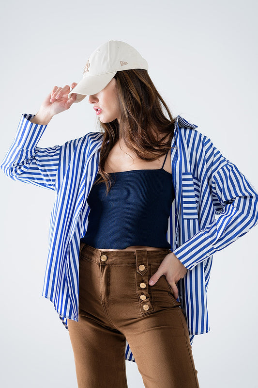 Q2 Chemise en popeline à rayures verticales bleues et poche poitrine