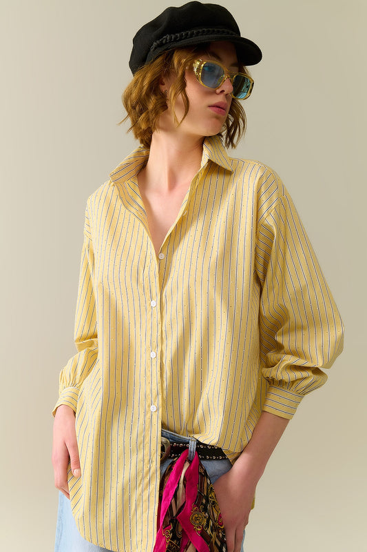 Q2 chemise en popeline rayée jaune ornée de strass