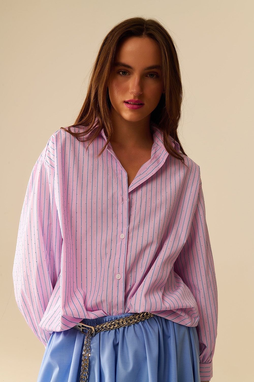 Q2 Chemise en popeline rose rayée ornée de strass