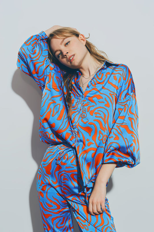 Q2 Chemise en Satin à Manches Ballon en Bleu