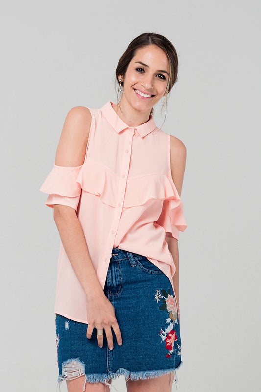Q2 Chemise fluide rose pâle avec manches ouvertes
