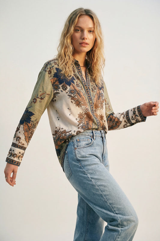 Q2 Chemise légère à imprimé paisley et bordure ornementale