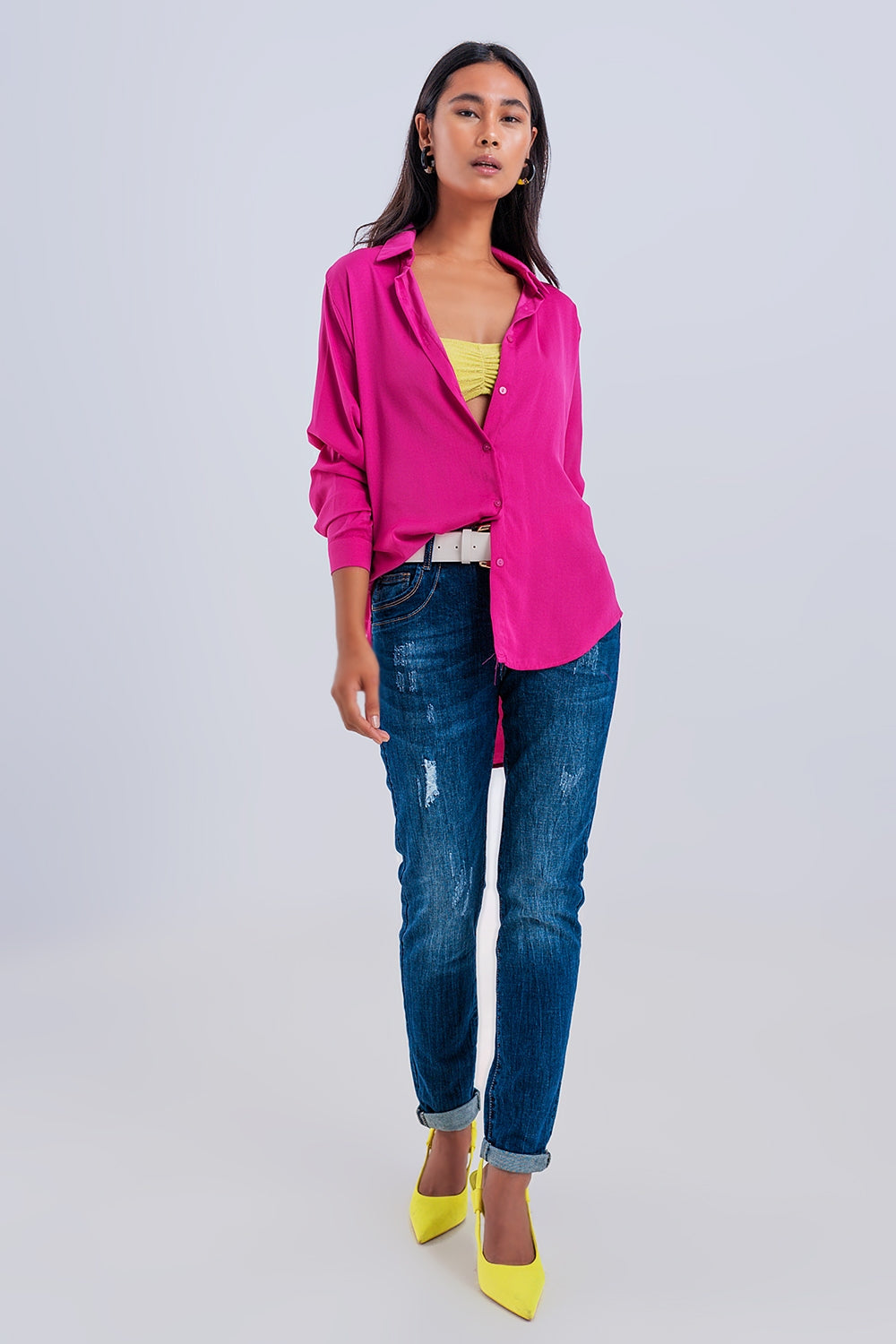 Chemise manches longues décontractée en satin fuchsia
