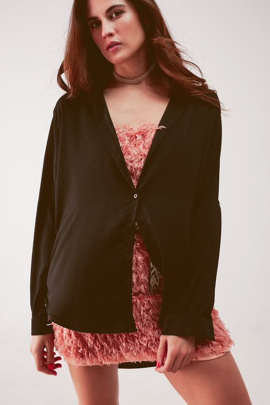 Q2 Chemise manches longues décontractée en satin noire