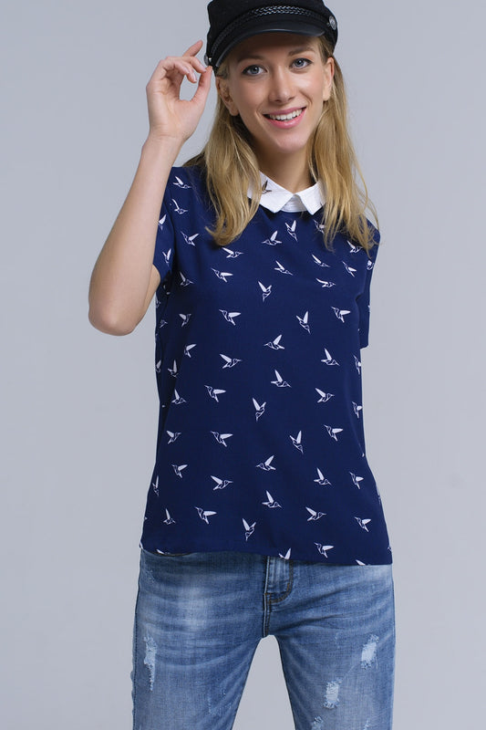 Q2 Chemise marine avec des oiseaux imprimés