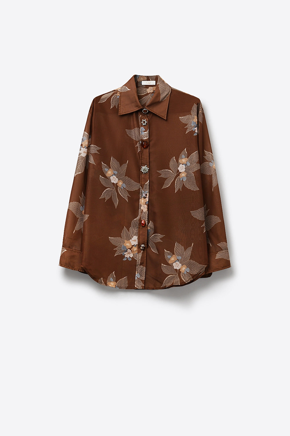 Chemise marron à fleurs avec boutons sur le devant et manches longues en chiffon