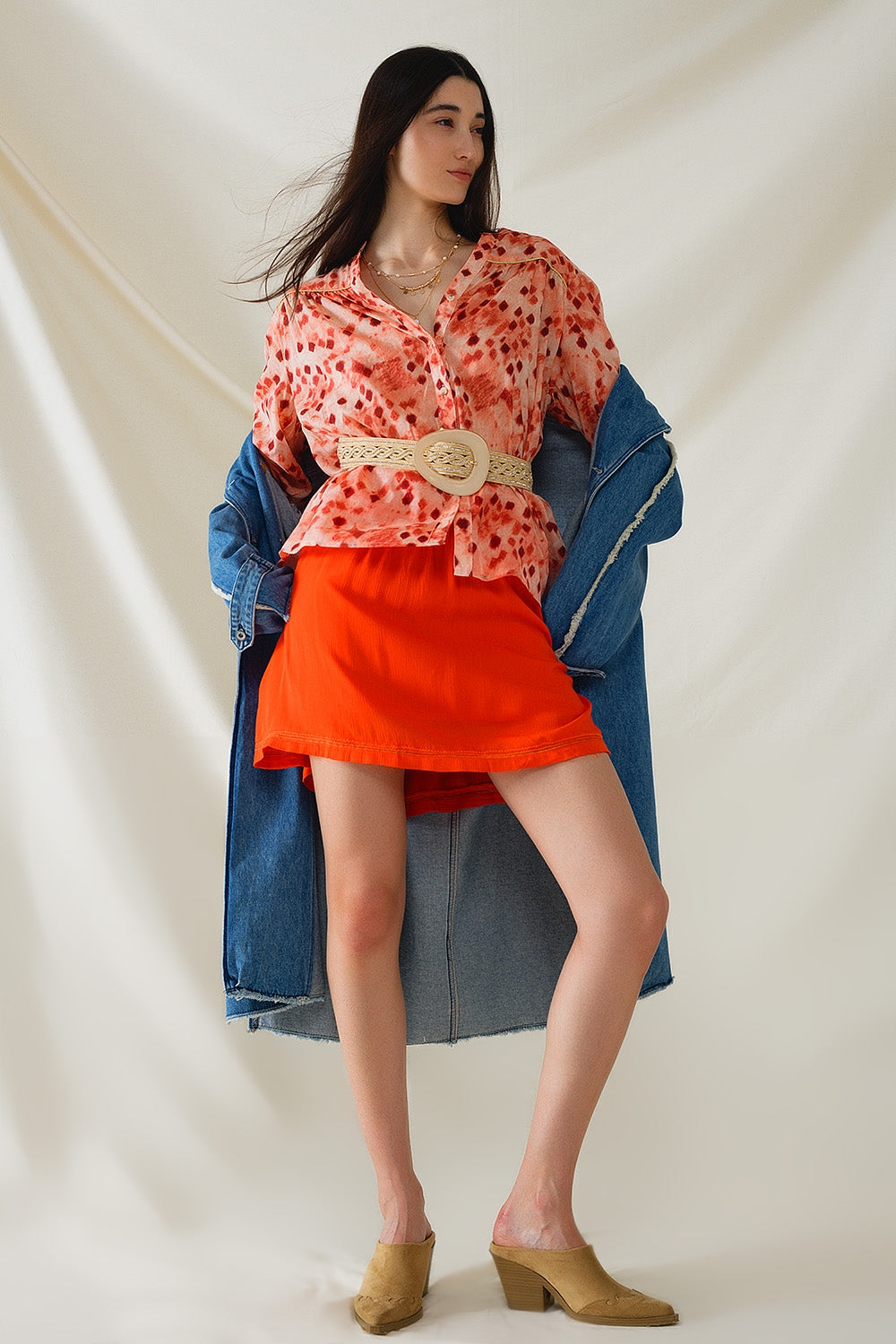 Chemise orange à imprimé abstrait et manches 3/4