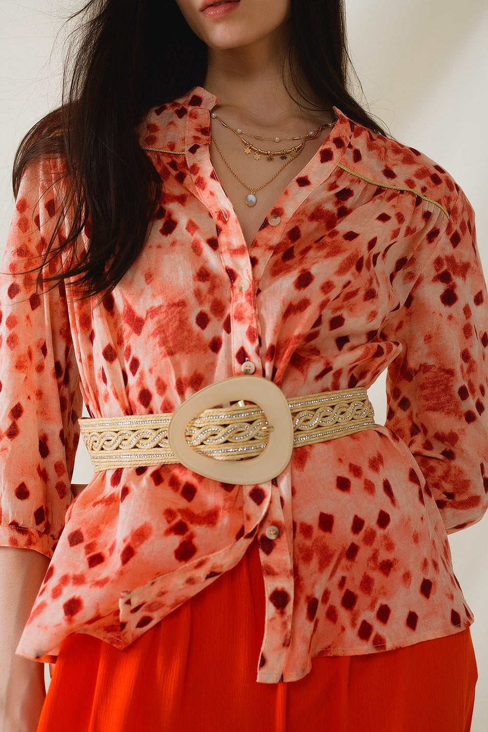 Chemise orange à imprimé abstrait et manches 3/4