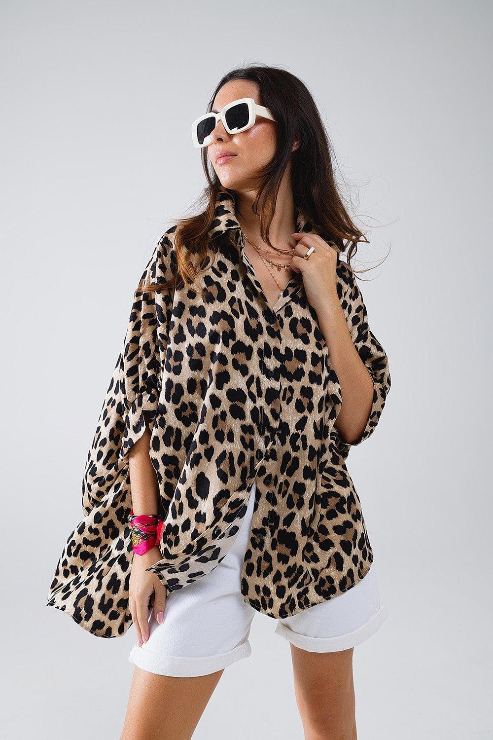 Q2 Chemise oversize à manches 3/4 et imprimé léopard