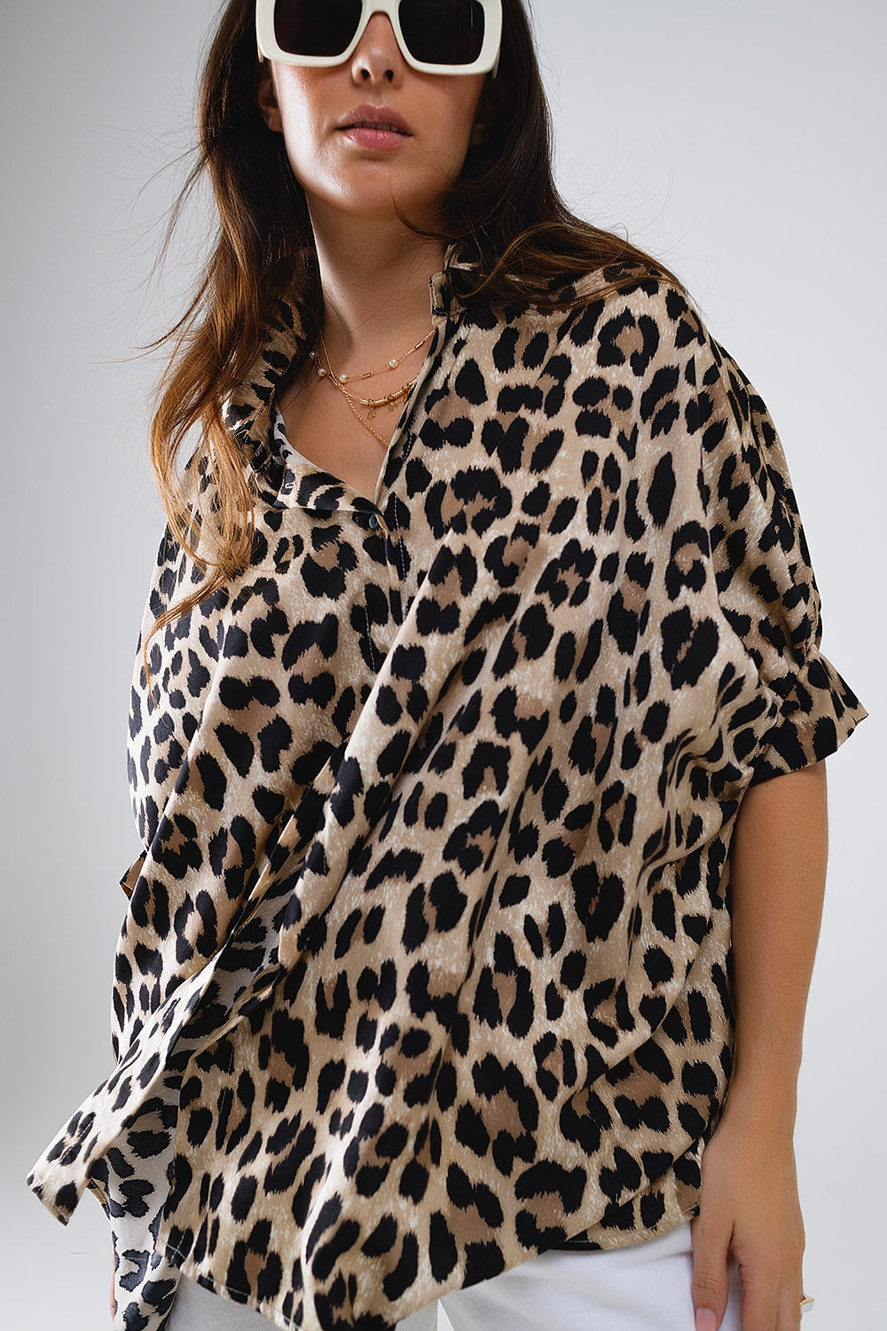 Chemise oversize à manches 3/4 et imprimé léopard