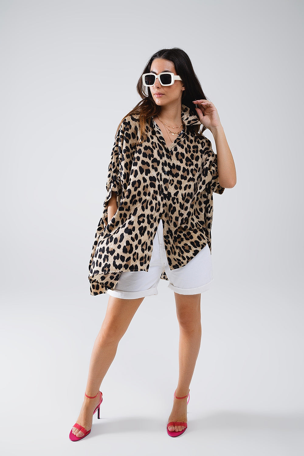 Chemise oversize à manches 3/4 et imprimé léopard