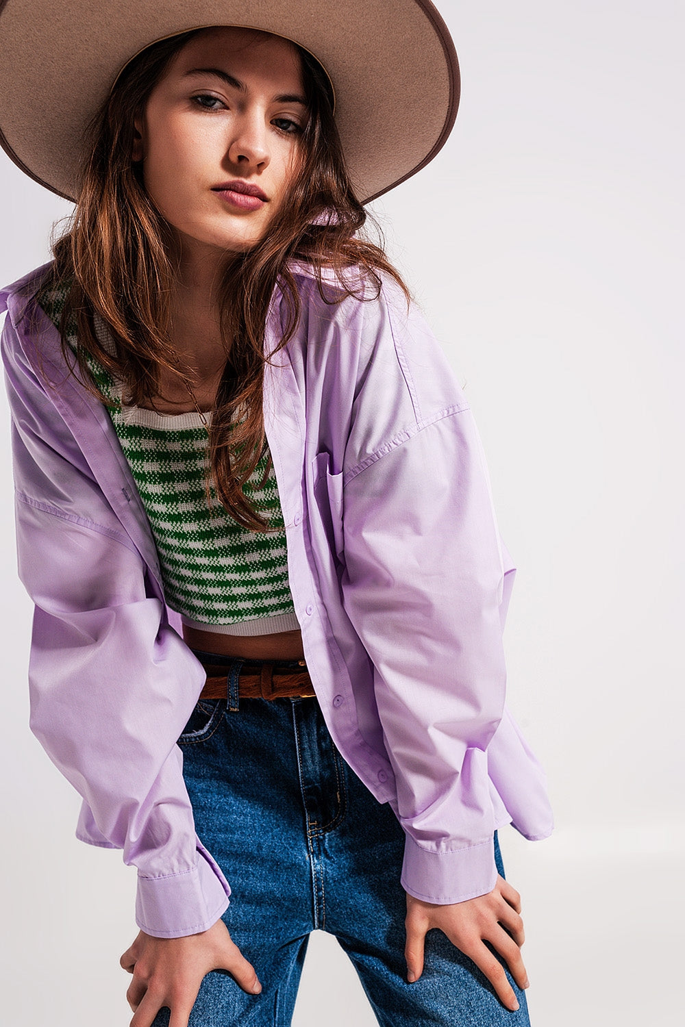 Q2 Chemise poplin oversize décontractée Lilas