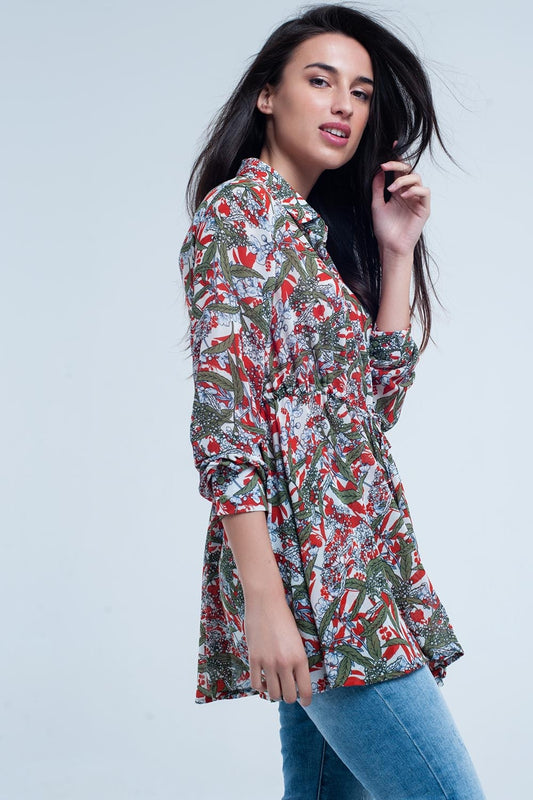 Q2 Chemise rouge à imprimé feuille et fleur