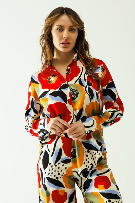 Q2 chemise surdimensionnée avec motifs de coquelicots et fermeture à boutons