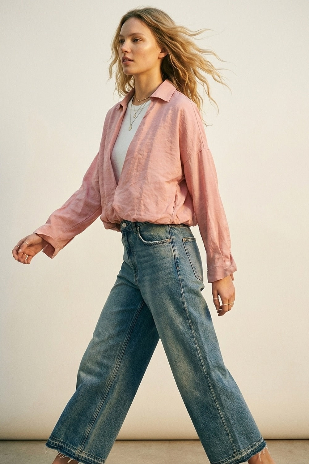 Chemise texturée légère à coupe décontractée rose et t-shirt blanc à l'intérieur