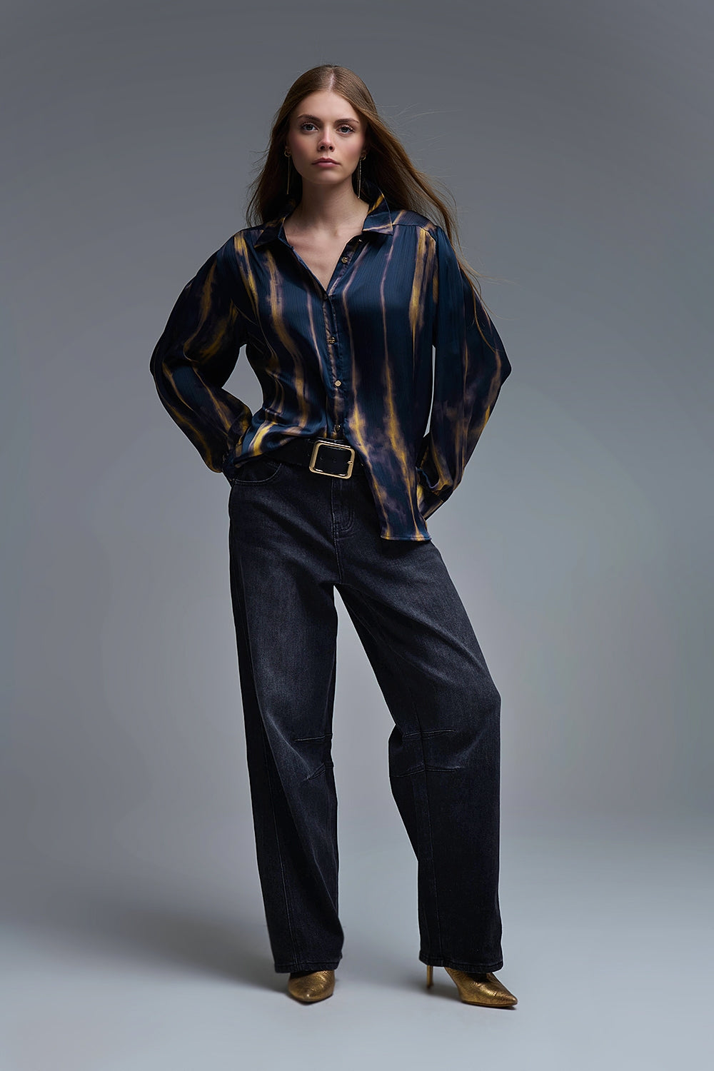 Chemise Tie-Dye à effet satiné et à rayures bleu marine et ocre