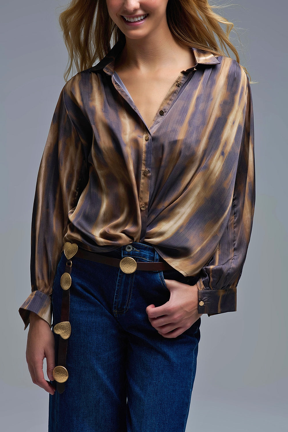 Chemise Tie-Dye à effet satiné et à rayures marron et camel