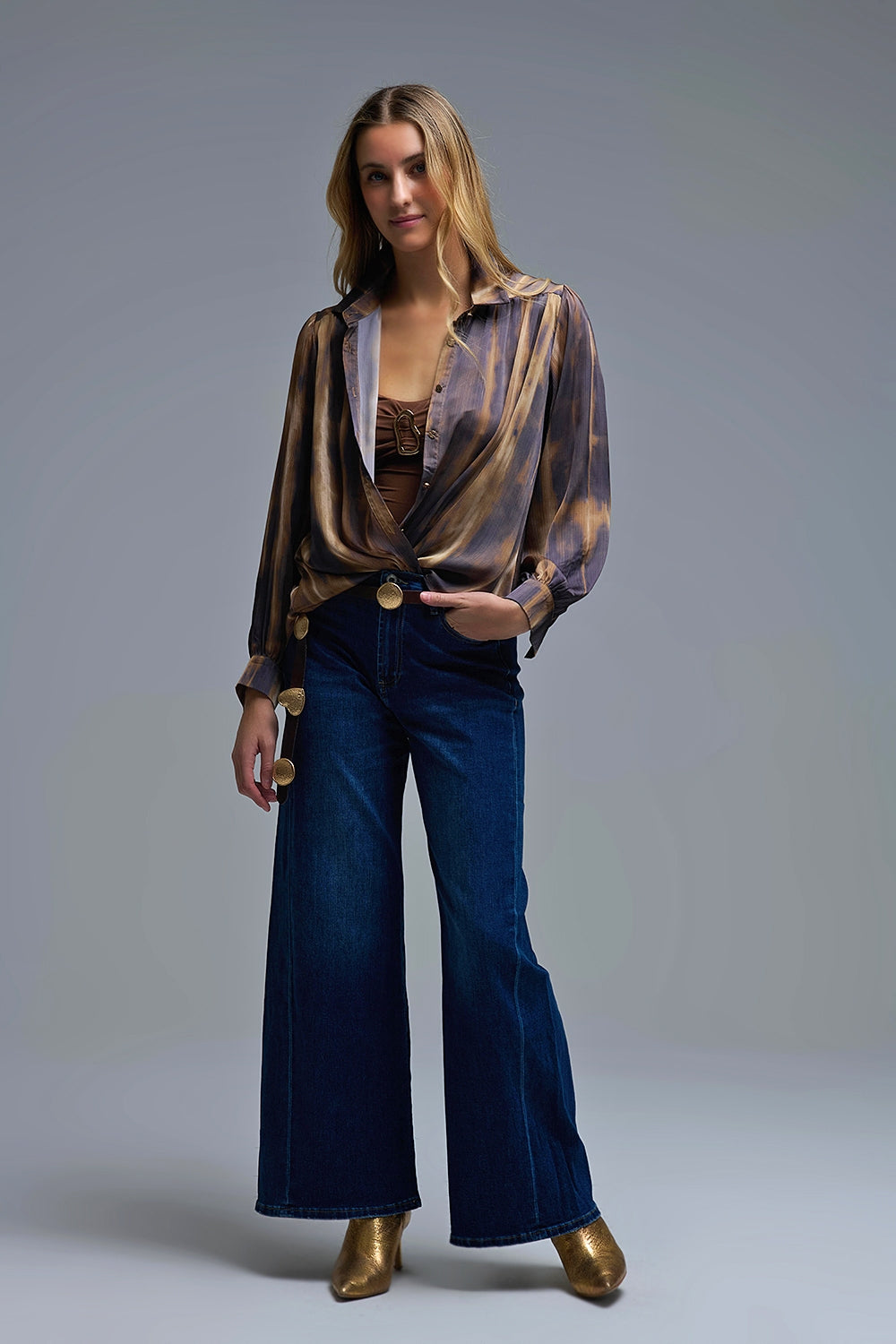 Chemise Tie-Dye à effet satiné et à rayures marron et camel