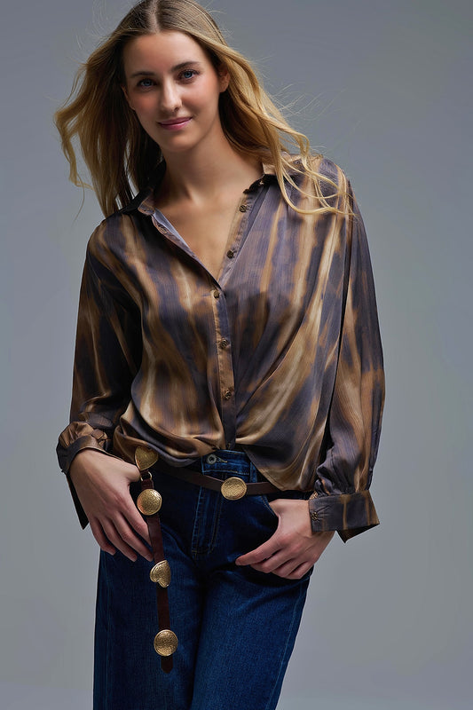 Q2 Chemise Tie-Dye à effet satiné et à rayures marron et camel