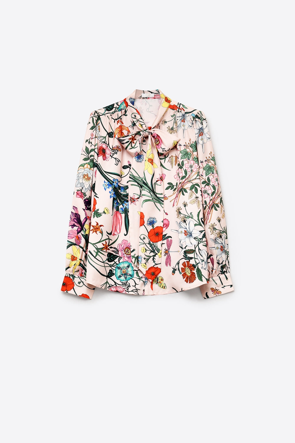 Chemisier à nœud lavallière en satin à manches longues à imprimé floral rose clair