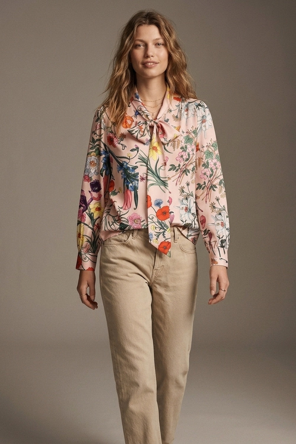 Chemisier à nœud lavallière en satin à manches longues à imprimé floral rose clair