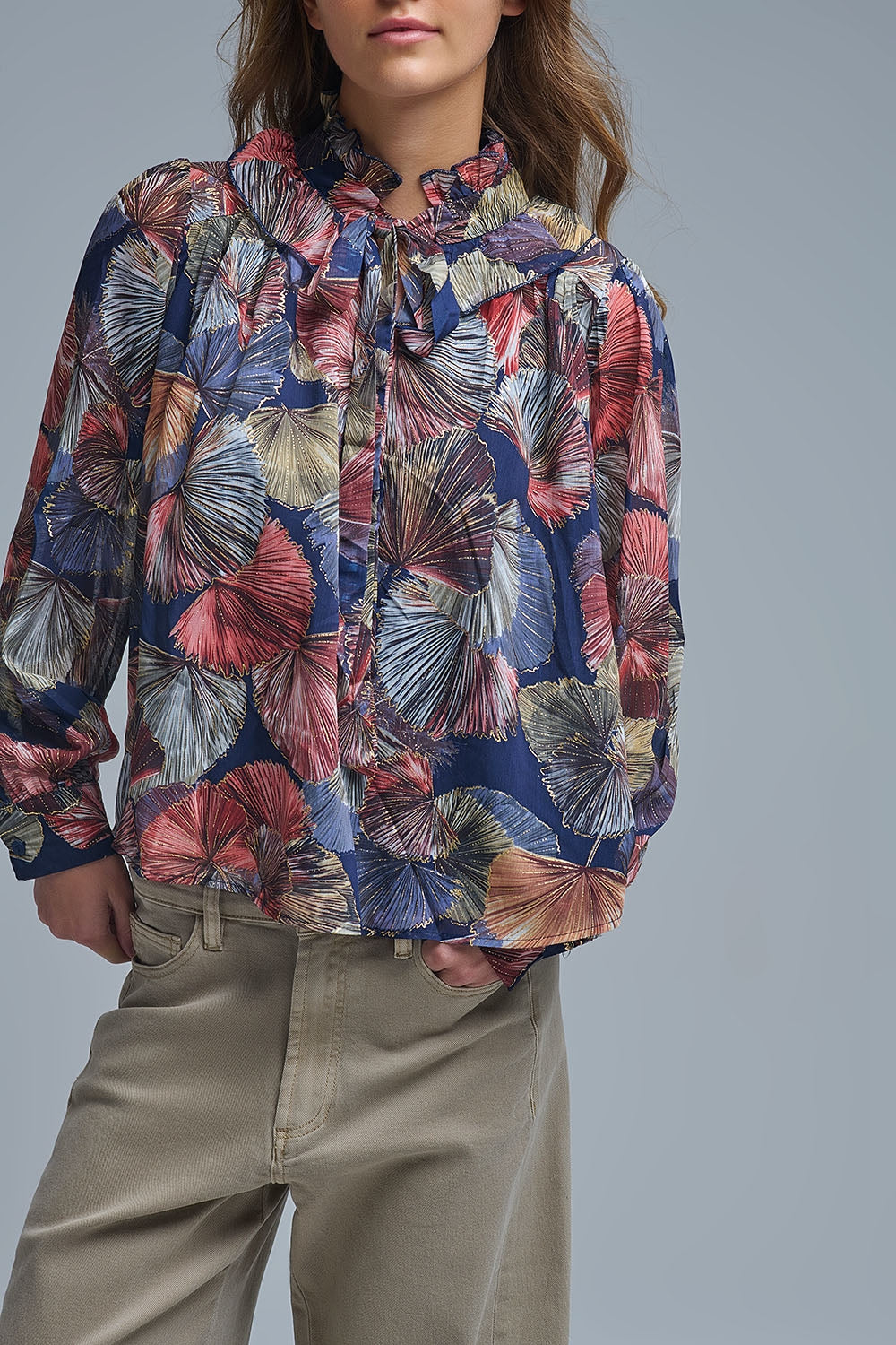Chemisier à volants imprimé boho-chic imprimé palmiers métalliques