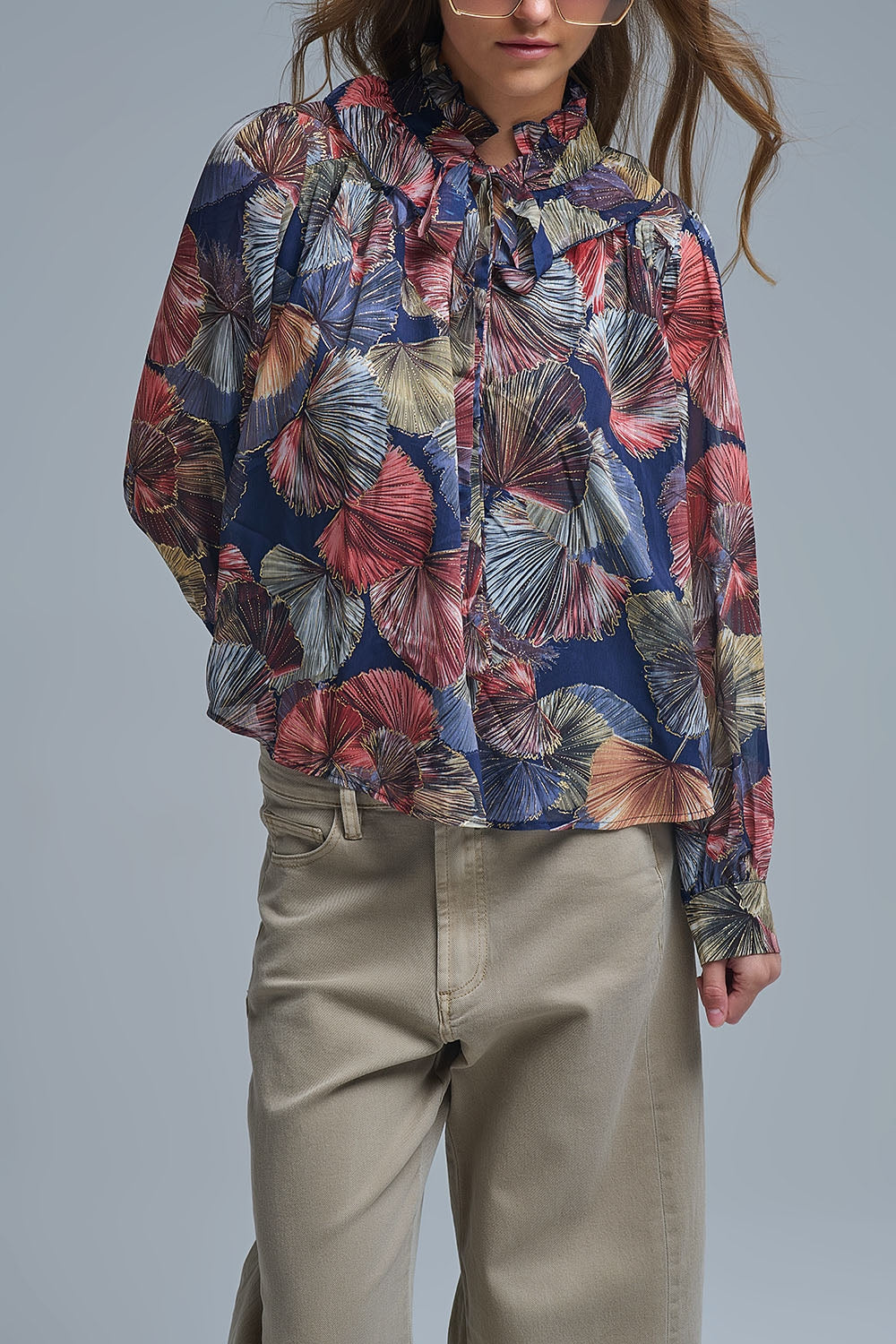 Chemisier à volants imprimé boho-chic imprimé palmiers métalliques