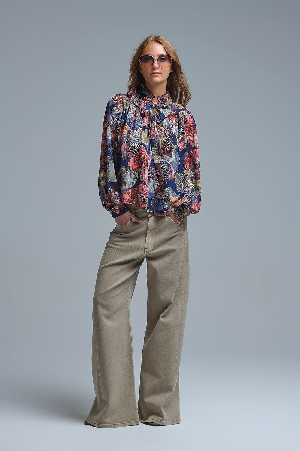 Chemisier à volants imprimé boho-chic imprimé palmiers métalliques