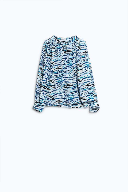 Q2 Chemisier blanc à imprimé animalier bleu et manches longues