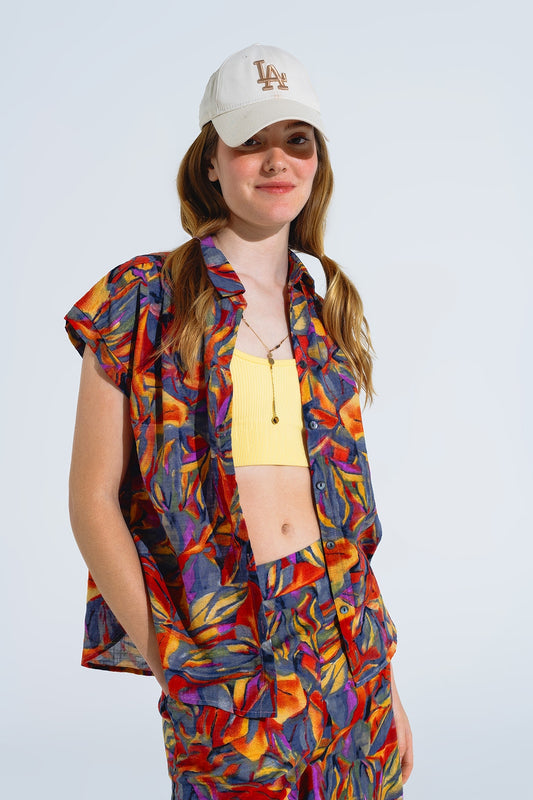 Q2 Chemisier boutonné rouge à imprimé floral multicouleure