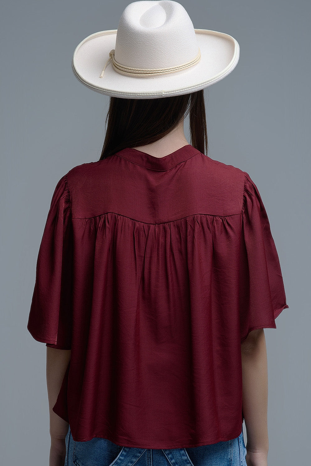 Chemisier décontracté de style bohème couleur vin avec détails brodés