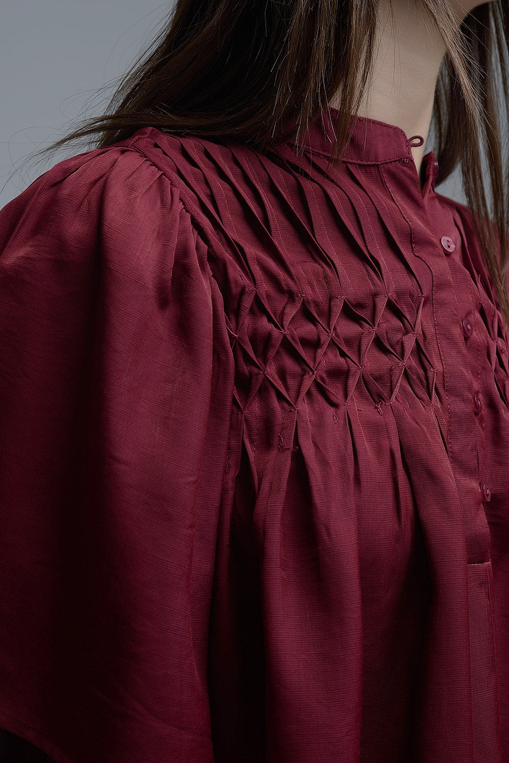 Chemisier décontracté de style bohème couleur vin avec détails brodés