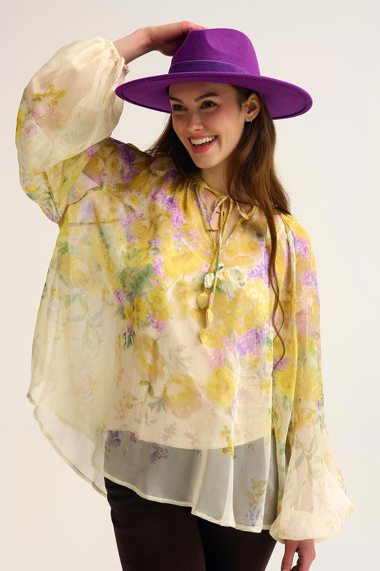 Q2 Chemisier en mousseline florale avec finition transparente et silhouette fluide