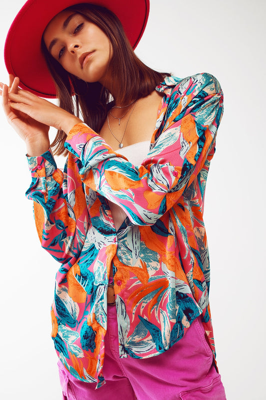 Q2 Chemisier en satin avec imprimé floral en orange