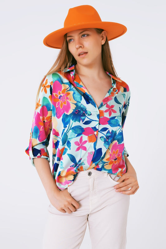 Q2 chemisier en satin doux à imprimé fleuri
