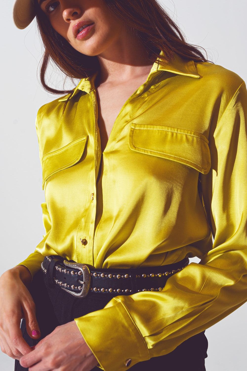 Q2 chemisier en satin vert citron