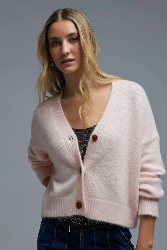 Q2 Col en V Cardigan basique rose bŽbŽ boutonnŽ en maille duveteuse