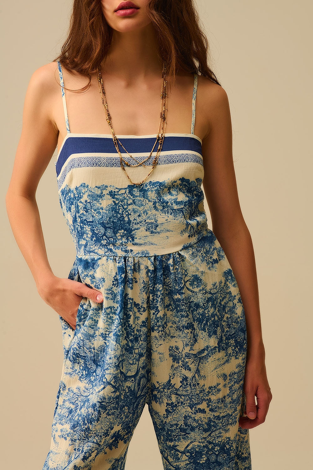Combinaison à fines bretelles imprimée Toile de Jouy