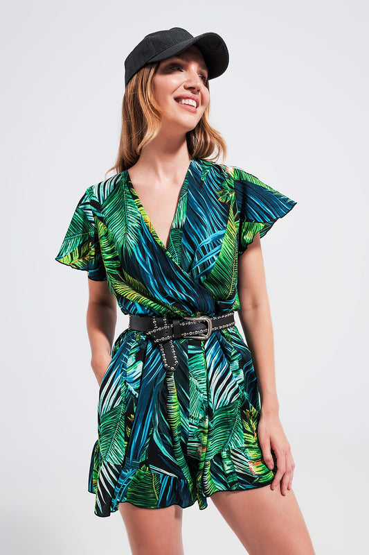 Q2 Combinaison cache cœur imprimé feuilles tropicales vert