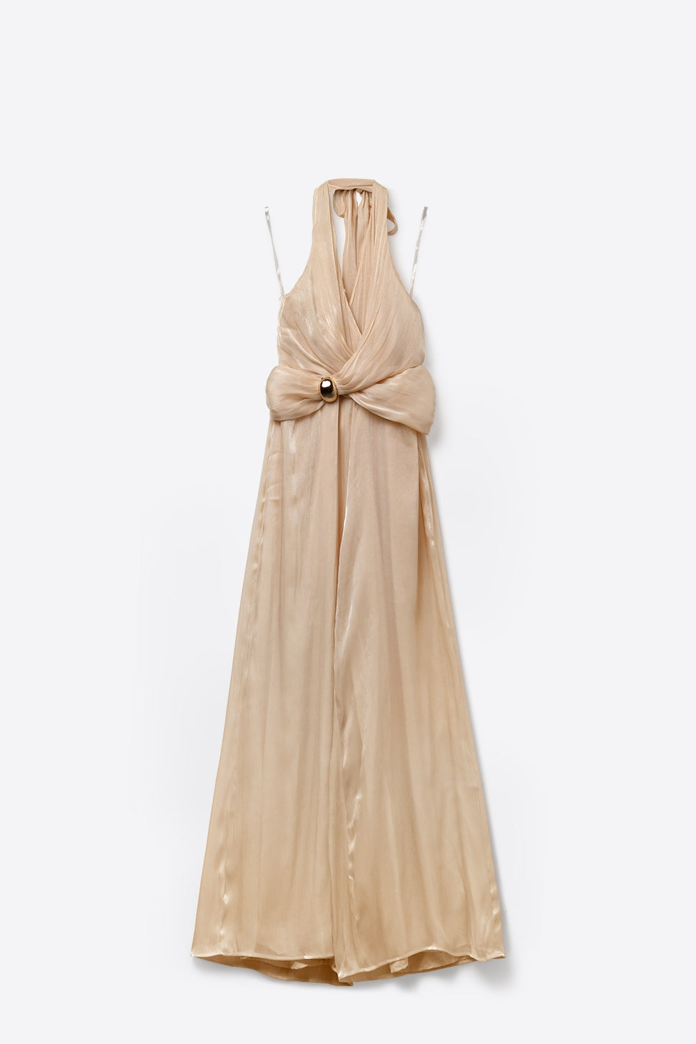 Combinaison dos nu en chiffon métallique beige avec détail anneau