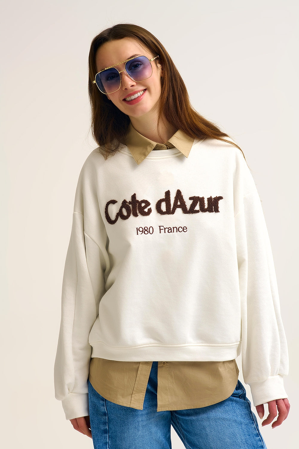 Côte d'Azur - Sweatshirt crème brodé