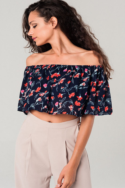 Q2 Crop top bleu marine avec épaules dénudées