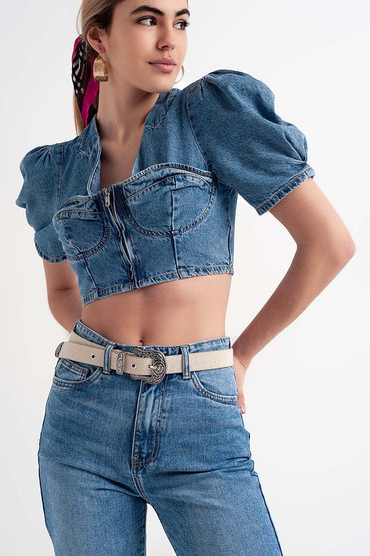Q2 Crop top en denim à manches bouffantes avec détail style corset Bleu
