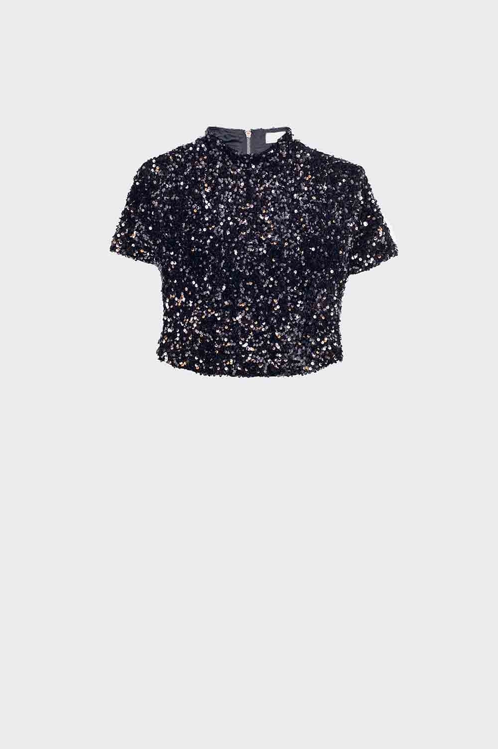 Q2 Crop top noir à paillettes
