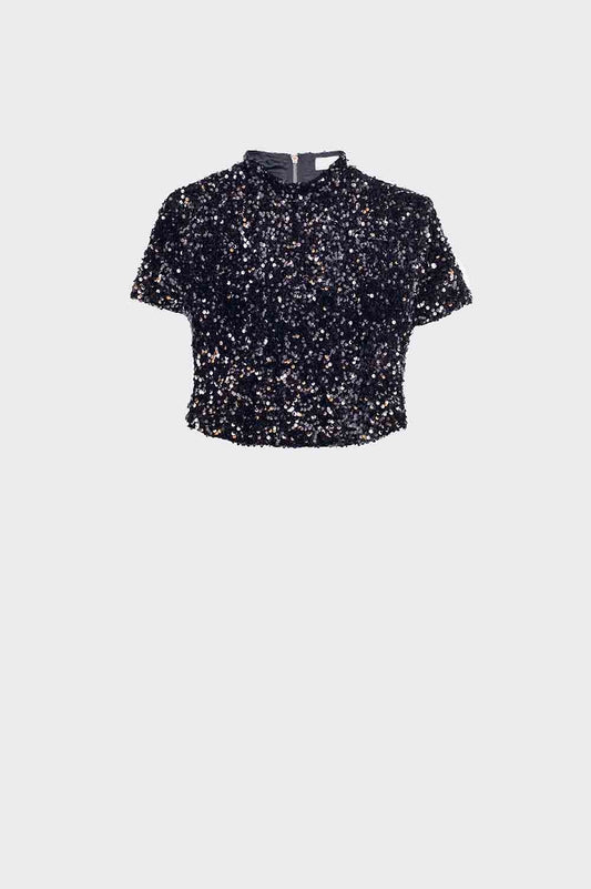 Q2 Crop top noir à paillettes