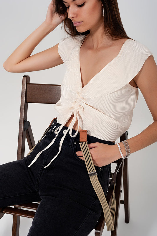 Q2 Crop top noué à l'avant à manches bouffantes froncées crème