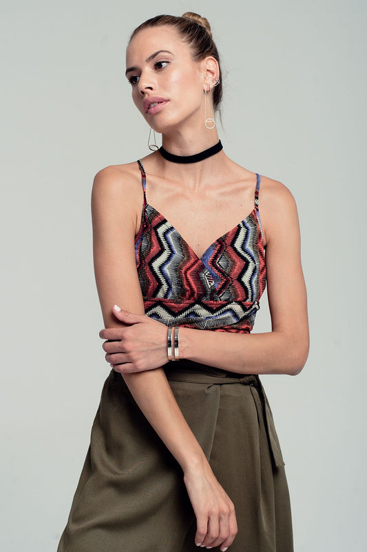 Q2 Crop top rouge imprimé tribal